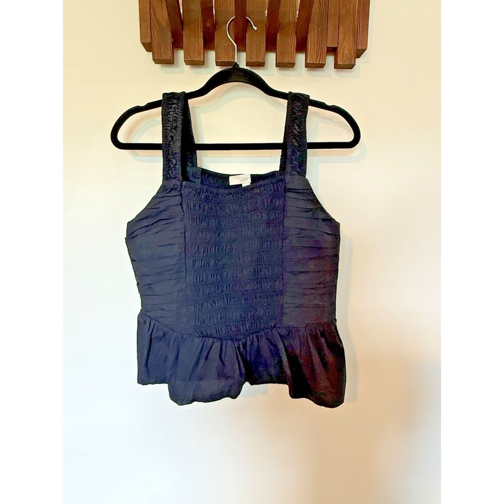 LOFT Smocked Peplum Top Black Square Neck Sleeveless India Womens Size 8 Blouse